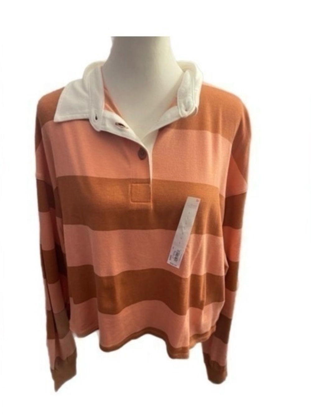 SO Large Pink and Brown Striped Cropped Polo White Collar - Used